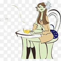 韩国风格美女喝茶插画