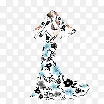 蓝色碎花露背礼服裙时尚女孩