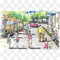 彩绘手绘风格花园商业街景观图案