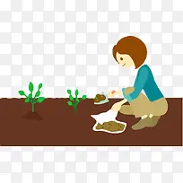 卡通小女孩给植物施撒肥料