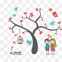 矢量卡通爱心树与情侣