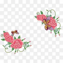 民间刺绣风格蝴蝶月季花卉对角花