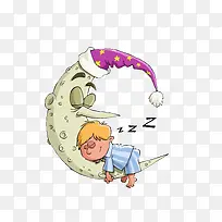 卡通挂在月亮上睡觉的小男孩素材