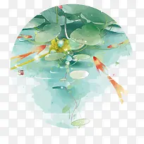 矢量水彩中国风池塘