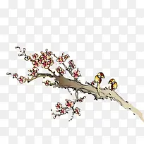 中国画粉色梅花树枝小鸟