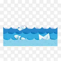 纸船和鱼混搭的扁平化海洋矢量