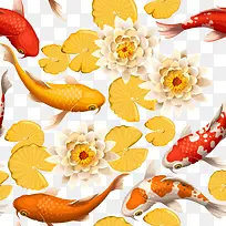 黄色唯美鲤鱼睡莲装饰插画素材库