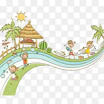 夏天孩子在水边玩耍