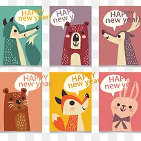 6款彩色动物新年快乐卡片矢量素
