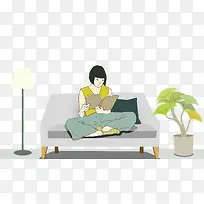 免抠卡通手绘坐在沙发上看书的女