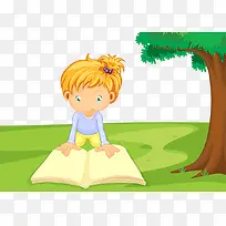 卡通插图趴在草地上看书的小女孩