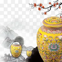 中国风黄色花纹陶瓷包装