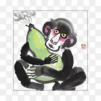 中国风水墨报葫芦的猴子插画免抠