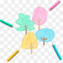创意可爱彩铅笔刷小树矢量图