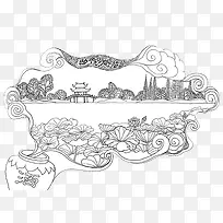 水墨手绘旅游杭州地标免抠图