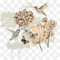 矢量手绘花朵与小鸟