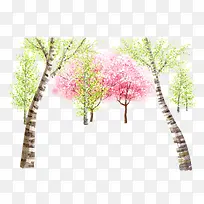 手绘绿色的树和粉红色的树