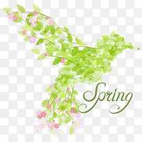 春季花朵和树叶组合的鸟矢量图