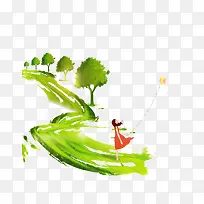 绿色清新春游踏青插画免抠