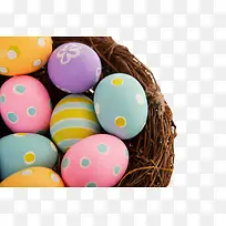 彩色庆祝复活节鸟巢中的食用彩蛋