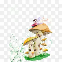 卡通手绘蘑菇屋女孩