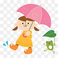 可爱卡通插图下雨撑伞的可爱女孩