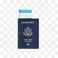 蓝色美国护照夹着机票实物