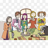 卡通人物插图女孩们一起喝茶