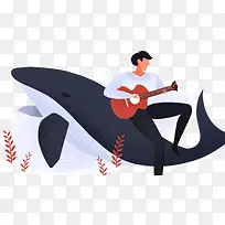 免抠卡通手绘坐在海豚上弹吉他的