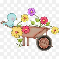 卡通独轮车和鲜花