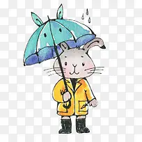 手绘水彩卡通插图撑雨伞的小兔子