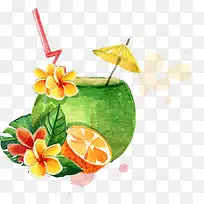 水彩手绘夏日椰汁