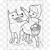 黑白简笔插图小女孩与大狗