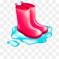 水彩手绘卡通红色橡胶雨鞋