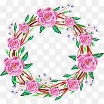 粉色手绘蔷薇花树叶圈