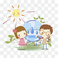 倡导节约用水的女孩和男孩
