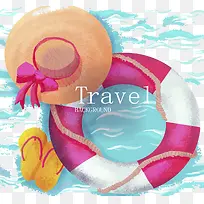 水彩绘海上太阳帽和游泳圈
