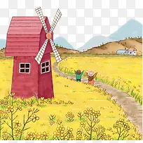 手绘春天风景插画素材