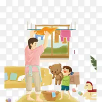 卡通手绘做家务的父亲插画
