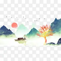 彩绘中国风山水插画元素