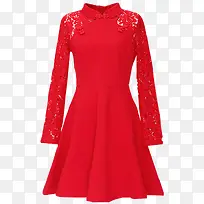 红色长袖蕾丝连衣裙