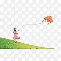 手绘夏日草地放风筝的小女孩插画