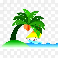 夏日手绘沙滩轮船椰子树