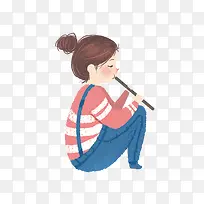 水彩手绘吹笛子的女孩