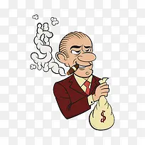 卡通抽雪茄的男人拎着钱袋子插画