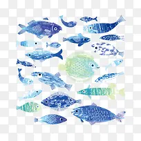 蓝色底纹手绘鱼群免抠下载