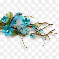 绿色树枝上的蓝色可爱小鸟
