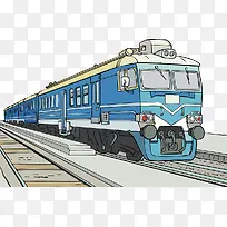 漫画手绘插图蓝色铁皮火车