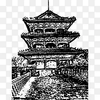 手绘古寺建筑房屋图