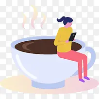 手绘卡通女人坐在咖啡杯上读书